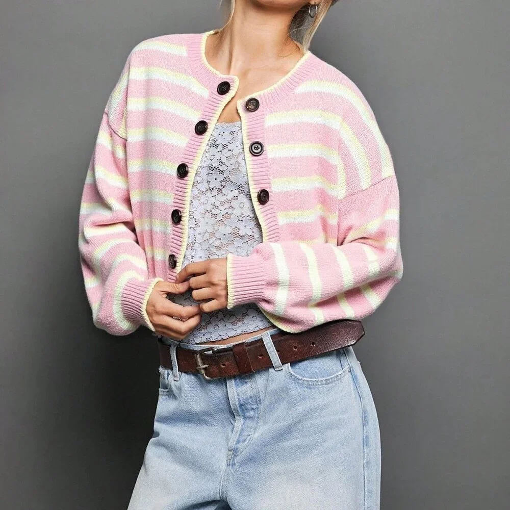 Pink Chic Women's Striped Crewneck Cardigan